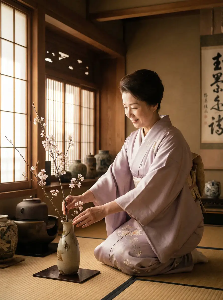 一位优雅的 人妻视频 在和室中插花